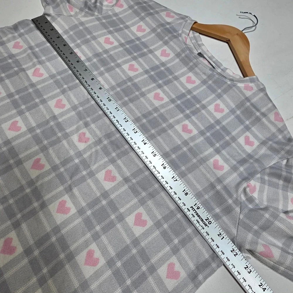 Loft Pajama Set Womens Large Gray Pink Heart Plaid Sleepwear Loungewear 2 Piece